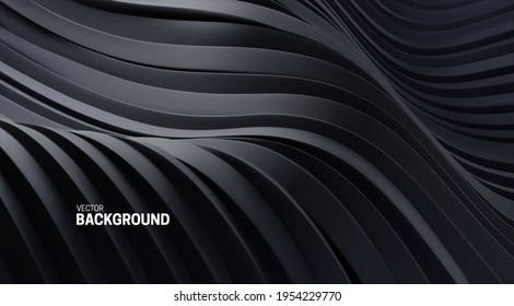 Abstract background with 3d curvy stripes. Wavy black ribbons backdrop. Soft elastic shapes. Vector illustration. Minimalist decoration for banner or cover design.