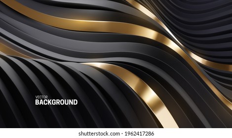 Abstract background with 3d curvy stripes. Wavy black and golden ribbons backdrop. Soft elastic shapes. Vector illustration. Minimalist decoration for banner or cover design.