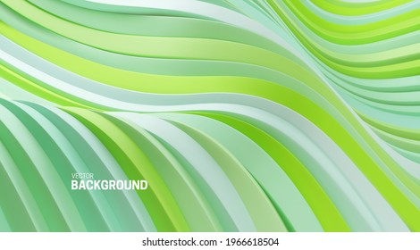 Abstract background with 3d curvy stripes. Wavy mint green ribbons backdrop. Soft elastic multicolored shapes. Vector illustration. Minimalist decoration for banner or cover design.