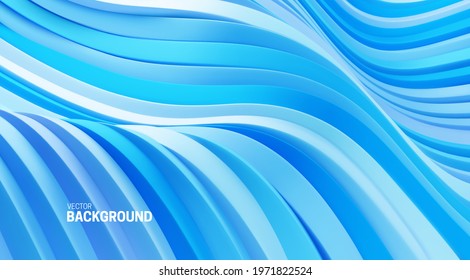 Abstract background with 3d curvy stripes. Wavy paster blue ribbons backdrop. Soft elastic multicolored shapes. Vector illustration. Minimalist undulating decoration for banner or cover design.