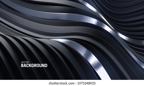 Abstract Background With 3d Curvy Stripes. Wavy Black And Silver Ribbons Backdrop. Soft Elastic Shapes. Vector Illustration. Minimalist Decoration For Banner Or Cover Design.