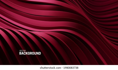 Abstract background with 3d curvy stripes. Wavy dark red ribbons backdrop. Soft elastic shapes. Vector illustration. Minimalist undulating decoration for banner or cover design.