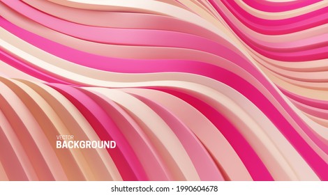 Abstract Background With 3d Curvy Stripes. Wavy Pink Ribbons Backdrop. Soft Elastic Shapes. Vector Illustration. Minimalist Undulating Decoration For Banner Or Cover Design.