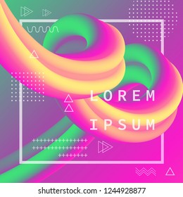 Abstract background 3d flow fluid shapes. Liquid wave trendy modern style . Curve concept vector graphic. Green, yellow and pink vibrant color.	