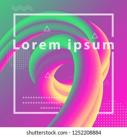 Abstract background 3d flow fluid shapes. Liquid wave trendy modern style . Curve concept vector graphic. Green, yellow and pink vibrant color.	