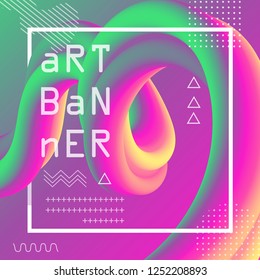 Abstract background 3d flow fluid shapes. Liquid wave trendy modern style . Curve concept vector graphic. Green, yellow and pink vibrant color.	