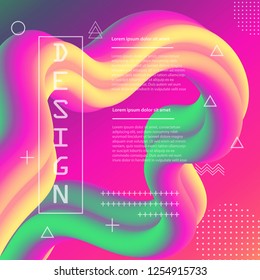 Abstract background 3d flow fluid shapes. Liquid wave trendy modern style . Curve concept vector graphic. Green, yellow and pink vibrant color.	