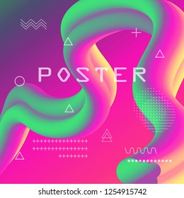 Abstract background 3d flow fluid shapes. Liquid wave trendy modern style . Curve concept vector graphic. Green, yellow and pink vibrant color.	