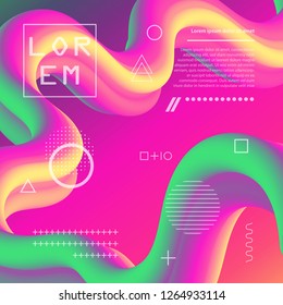 Abstract background 3d flow fluid shapes. Liquid wave trendy modern style . Curve concept vector graphic. Green, yellow and pink vibrant color.	
