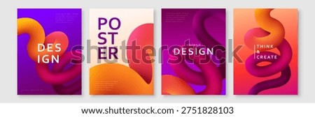 Abstract background with 3d fluid dynamic shapes and vibrant gradients. Modern poster design set with wavy liquid tubes. Creative vector illustration for banner, cover or social media.