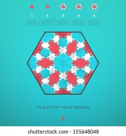 Abstract background with 3d geometric ornament. Elements of information graphics. Numbered lists and geometric markers. Place for your text.