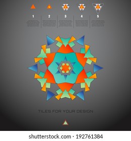 Abstract background with 3d geometric ornament. Elements of information graphics. Numbered lists and geometric markers. Place for your text.