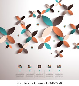 Abstract background with 3d geometric shapes. Elements of information graphics. Numbered lists and geometric markers. Realistic shadow.
