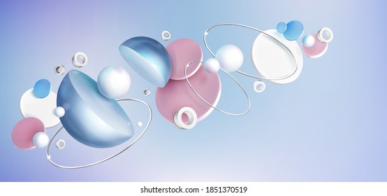 Abstract background with 3d geometric shapes on blue backdrop, pearl hemispheres, pink and white cylinders or circles with silver rings, Realistic vector banner for presentation or ads promotion