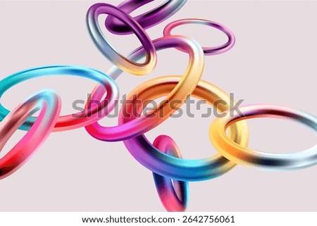 Abstract background of 3D glass rings. Iridescent transparent geometric shape.
