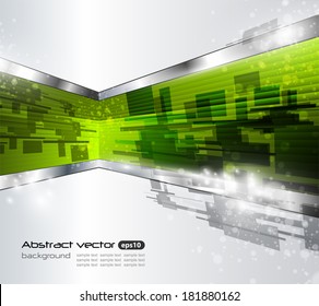 Abstract background 3d, green banners on grey, vector.