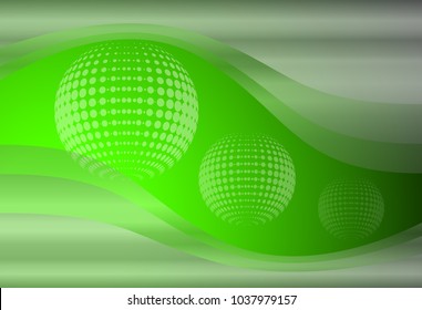 Fondo abstracto 3D, verde con ondas transparentes y esferas de puntos, diseño vectorial.