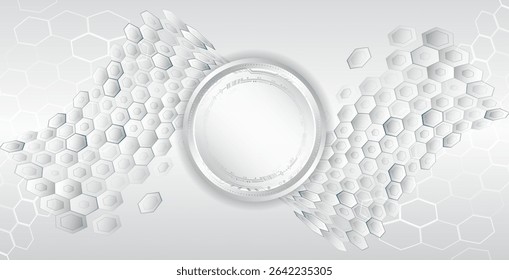 Abstract background with 3D hexagons and a central circular frame for text. Futuristic gray design, perfect for technical, scientific or medical presentations and banners.