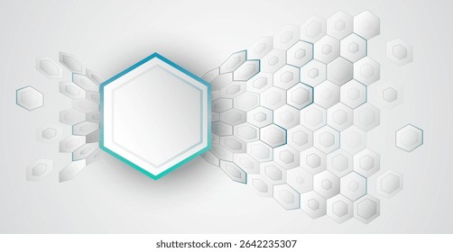 Abstract background with 3D hexagons and a central hexagonal frame for text. Futuristic gray design, perfect for technical, scientific or medical presentations and banners.
