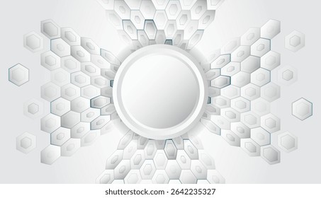 Abstract background with 3D hexagons and a central circular frame for text. Futuristic gray design, perfect for technical, scientific or medical presentations and banners.