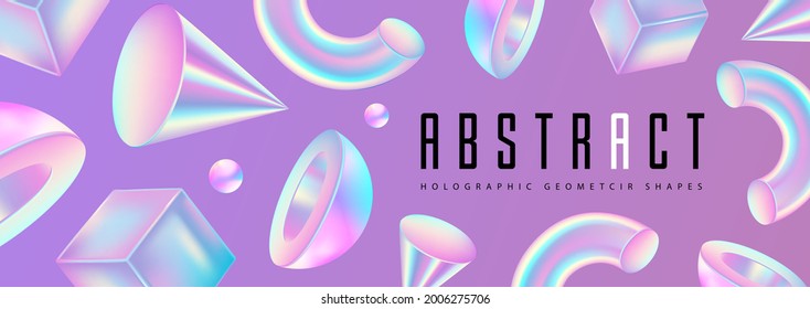Abstract background with 3D holographic geometric shapes. Modern design. Vector illustration
