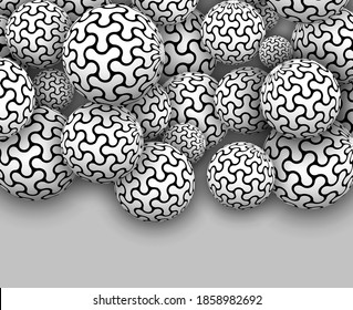 Abstract background 3D, many spheres with interesting pattern, black and white vector design.