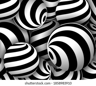 Abstract background 3D, many spheres with interesting spiral pattern, grey vector design.