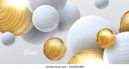 Abstract background with 3d marbled spheres. White and golden bubbles. Vector illustration of balls textured with wavy striped texture. Modern cover concept. Decoration element for banner design