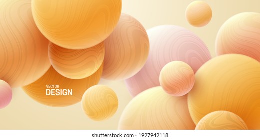 Abstract background with 3d marbled spheres. Orange soft bubbles. Vector illustration of balls textured with wavy striped pattern. Modern cover concept. Decoration element for banner design