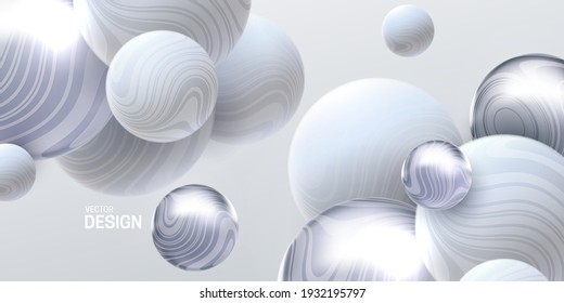 Antecedentes abstractos con esferas tridimensionadas. Burbujas blancas y plateadas. Ilustración vectorial de bolas texturadas con textura de rayas onduladas. Concepto moderno de cobertura. Elemento de decoración para el diseño de pancartas