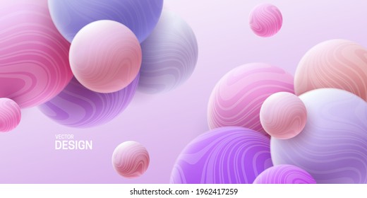 Abstract background with 3d marbled spheres. Pink and purple soft bubbles. Vector illustration of balls textured with wavy striped pattern. Modern cover concept. Decoration element for banner design
