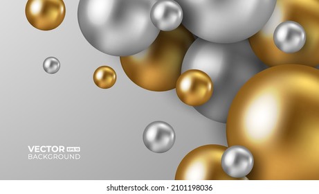 Abstract background with 3d marbled spheres. White and golden bubbles. Vector illustration of balls textured with wavy striped texture. Modern cover concept.