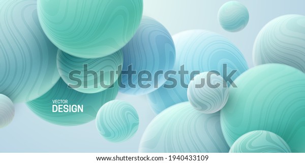 Abstract background with 3d marbled spheres. Soft turquoise bubbles. Vector illustration of balls textured with wavy striped pattern. Modern cover concept. Decoration element for banner design