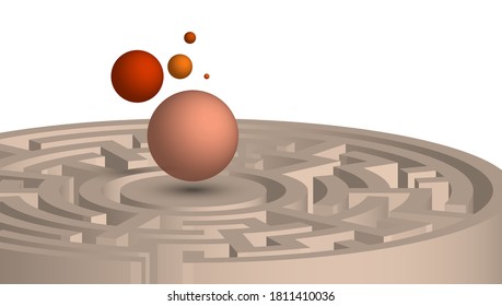 Abstract background with 3D maze, labyrinth and spheres flying inside for desktop screensaver, poster or banner. Way out of difficult crisis situation. Vector