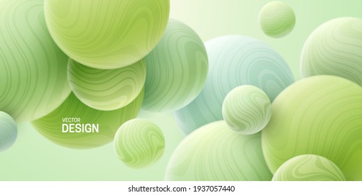 Abstract background with 3d mint green spheres. Marbled bubbles. Vector illustration of balls textured with wavy striped pattern. Modern cover concept. Decoration element for banner design