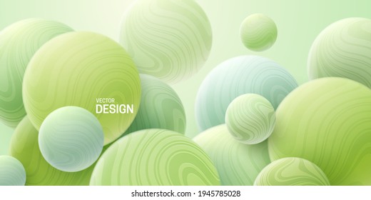 Abstract background with 3d mint green bubbles. Marbled spheres. Vector illustration of balls textured with wavy striped pattern. Modern cover concept. Decoration element for banner design
