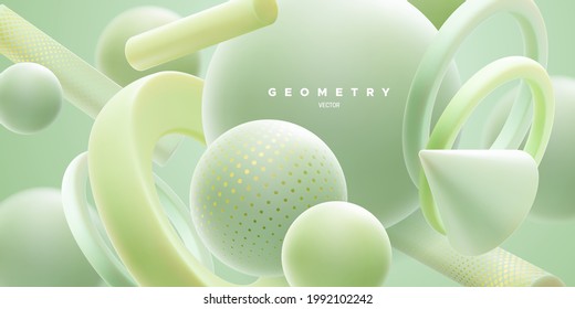 Abstract background with 3d mint green shapes. Abstract natural background. Vector illustration. Flowing geometry primitives composition. Modern cover template. Decoration element for banner design