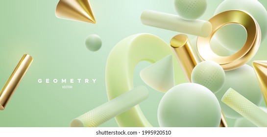 Abstract background with 3d mint green and golden shapes. Abstract natural background. Vector illustration. Flowing geometry primitives composition. Modern cover template. Wallpaper or banner design