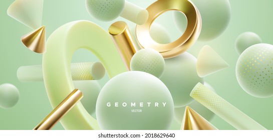 Abstract background with 3d mint green and golden shapes. Abstract natural background. Vector illustration. Flowing geometry primitives composition. Modern cover template. Wallpaper or banner design