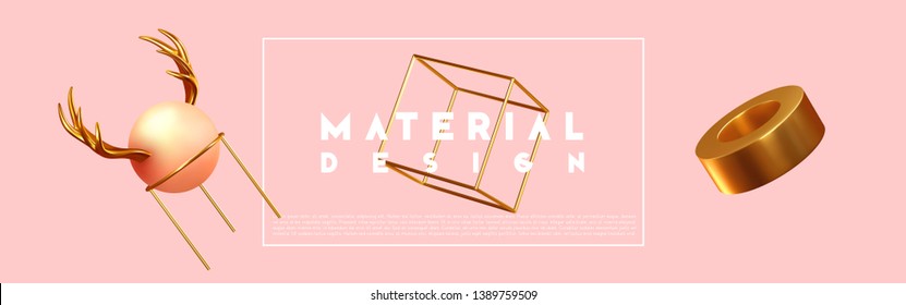 Abstract background with 3d objects. Realistic geometric shapes. Design mess, Chaos. Horizontal poster, cover headers, Banner website. vector illustration