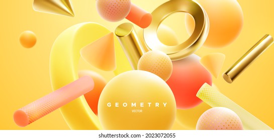 Abstract background with 3d orange, red and golden shapes. Abstract geometric background. Vector illustration. Flowing geometry primitives composition. Decoration for wallpaper or banner design
