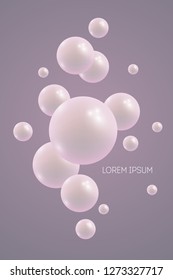 Abstract background with 3d pink spheres. Flying shining pearls on color background