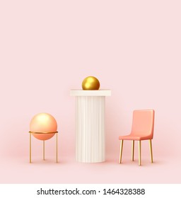 Abstract background with 3d realistic objects design. Interior art installation. Elements Composition Antique Concrete white Column, Golden Ball, Chair. Backdrop pink colors. Vector illustration