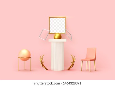 Abstract background with 3d realistic objects design. Interior art installation. Elements Composition Antique Concrete Column, Golden Ball, Chair. On wall is square photo frame. Backdrop pink colors