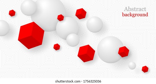 Abstract background 3D. Realistic spheres and cubes. Geometric background. Vector illustration. Horizontal banner. Business template.