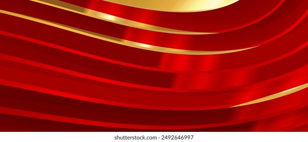 Abstrakter Hintergrund mit 3D-Rot- und Goldstreifen. Glänzend gestreifter 3D Metall abstrakter Hintergrund. Elegante Bänder Technologie Hintergrund für Einladung, Cover, Luxus-Einladung, Banner, Premium Vektorgrafik EPS10