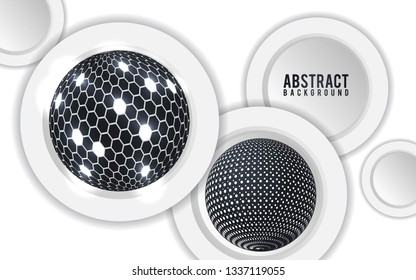 Abstract background with 3d spheres. black and white bubbles. Vector illustration of balls textured with halftone pattern. Jewelry cover concept. Horizontal banner. Decoration element for design