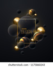 Abstract background with 3d spheres cluster. Golden and black bubbles. Vector illustration of balls textured with glittering paillettes and striped pattern. Vertical banner or poster design