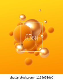 Abstract background with 3d spheres cluster. Orange and golden bubbles. Vector illustration of balls textured with striped pattern. Modern trendy banner or poster design