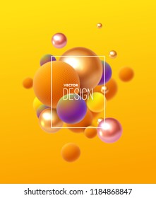 Abstract background with 3d spheres cluster. Multicolored bubbles on yellow and orange background. Vector illustration of balls textured with striped pattern. Modern trendy banner or poster design